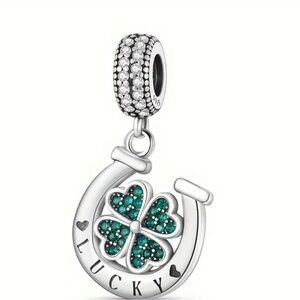 Sterling Silver Four Leaf Clover w/Green Gems “Lucky”Horseshoe Charm Pendant